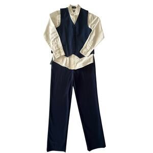 Boys Formal 3 Peace Outfit White Button-Up Shirt & Navy Dress Pants/Vest Set